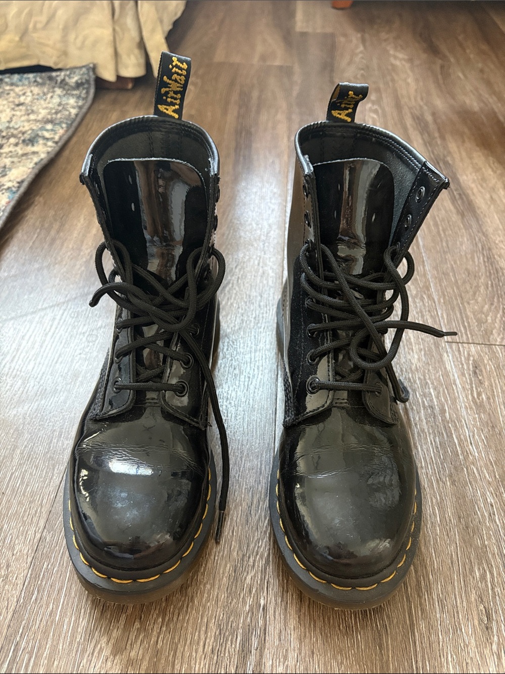 Dr. Martens Black Patent 8-Eye Lace-Up Combat Boots with Yellow Stitching